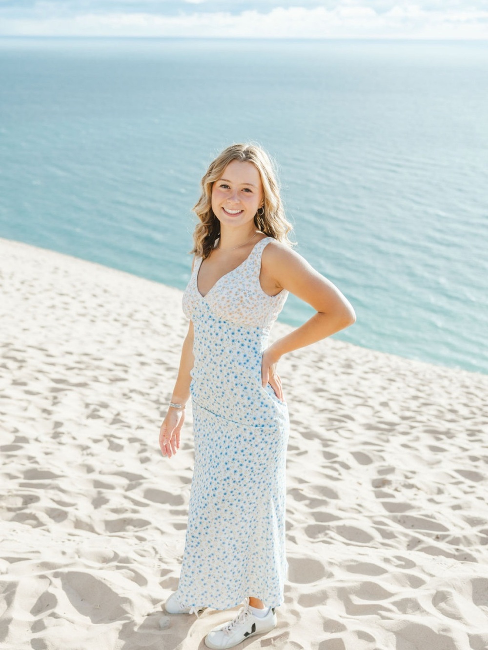 Women’s Light Blue Floral Maxi Dress - Sleeveless V-Neck